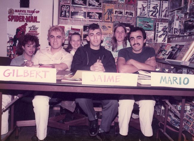 In-store signing event at the Berkeley Comics and Comix in 1984. (l to r) Carol Kovinick, Gilbert Hernandez, Diana Schutz, Jaime Hernandez, Ann Eagan, Mario Hernandez.