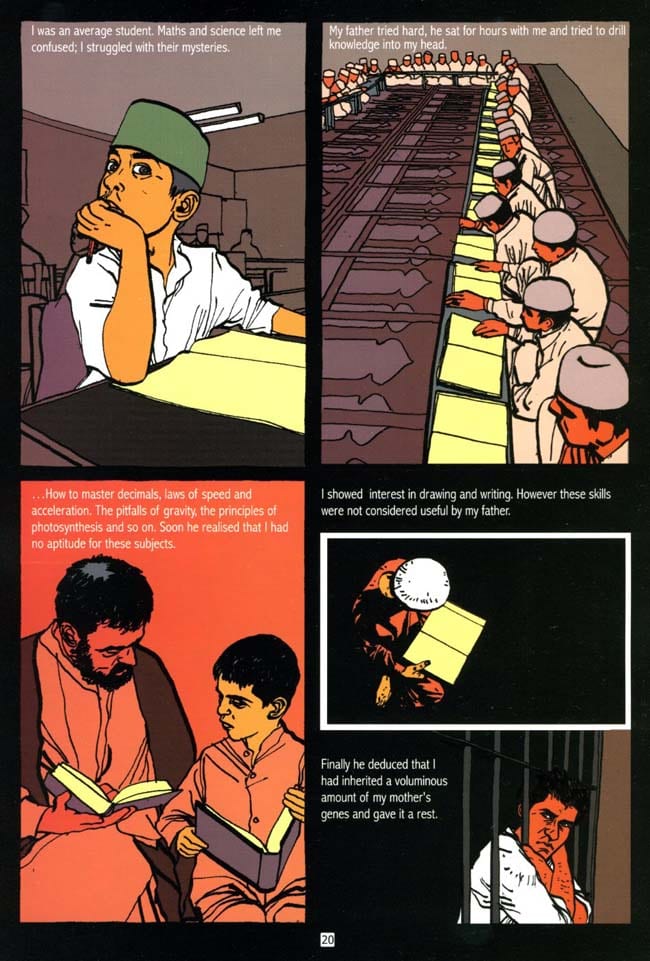 Mushtaq at school; Children bent over books; Mushtaq with his father. Chapter 2 in Kashmir Pending by Naseer Ahmed and Saurabh Singh (New Delhi: Phantomville, 2007), p.20.