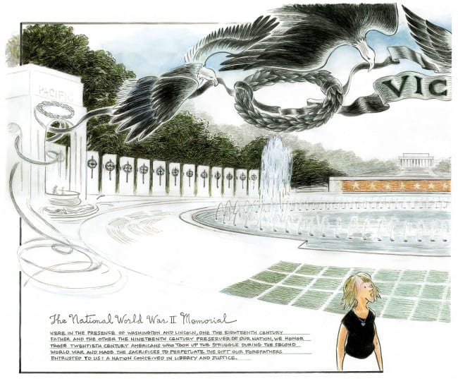 One page of Tyler's two-page spread of the World War II Memorial in Washington, D.C.