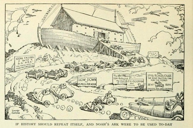 This line art cartoon by Carlson for a Leslie-Judge publication circa 1915, once again shows his fascination with large-scale ships -- this time, Noah's ark.