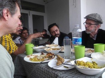 Chicken biryani at Comic Con India 2012, Delhi. Left to right: Gary Groth, Sarnath Banerjee, Vanu P, Vishwajyoti Ghosh, and Robert Crumb. Used without permission from Fantagraphics' Flickr site.