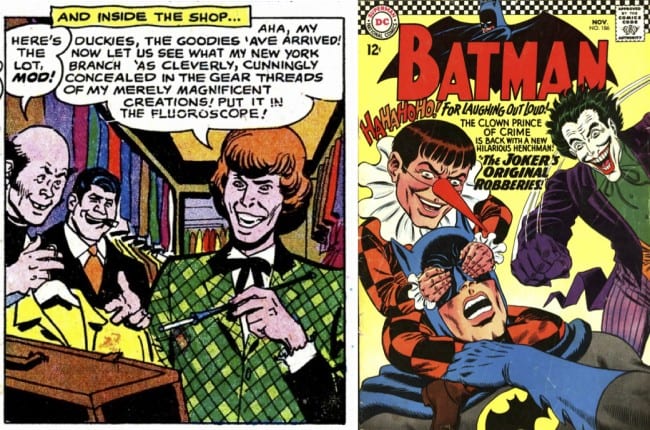 Left: The Mad Mod, from Teen Titans, no. 7 (February 1967); Right: Batman, no. 186 (November 1966), cover art by Murphy Anderson and Joe Giella.