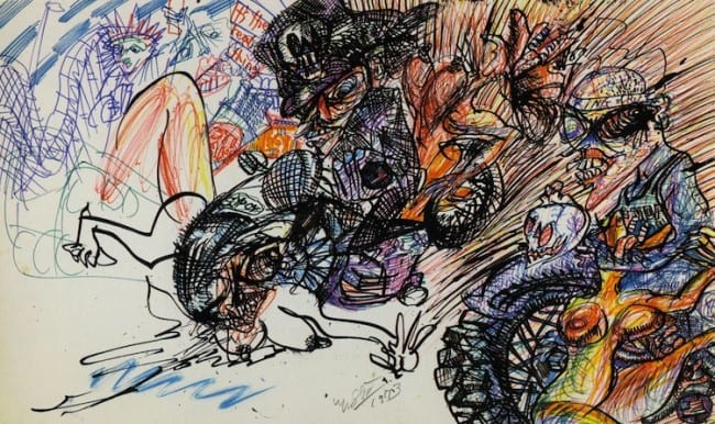 Shinohara Ushio, Wild Riders (1973), ink, pen, brush, and marker on paper, 13.75 x 22.4 in.