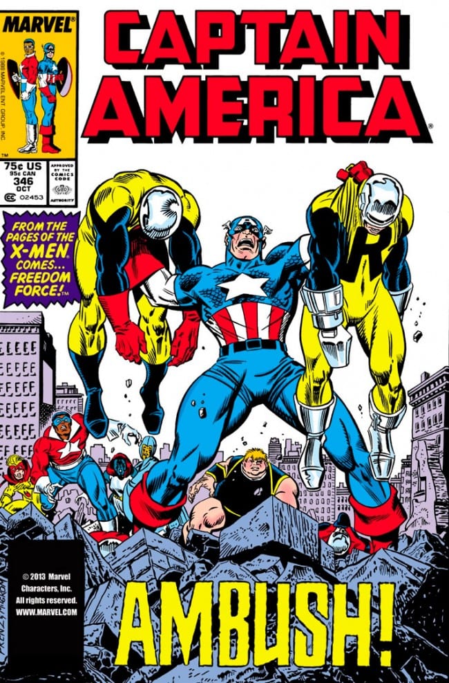 Captain America #346 cover by Ron Frenz and Al Milgrom, interior art by Kieron Dwyer and Al Milgrom, Marvel October 1988.