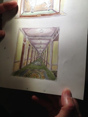 Pond shows off another drawing of the hotel for the Paris Review piece. 