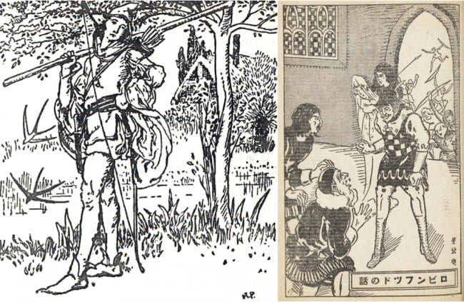 Howard Pyle, Young Robin Goes to the Shooting Match, from The Merry Adventures of Robin Hood (1883); and frontispiece for Robin Hood in Taisei Meiwashū (Osaka, 1925).