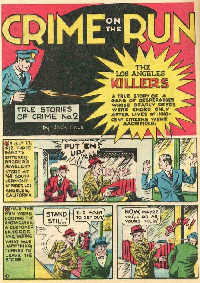 The opening page of Jack Cole's second and last "Crime on the Run" story, from BLUE RIBBON COMICS #3 (MLJ/Archie, January 1940)