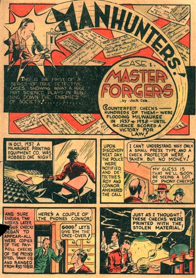 Opening page to Jack Cole's first "Manhunters" crime story (Top-Notch Comics #1, December 1939)