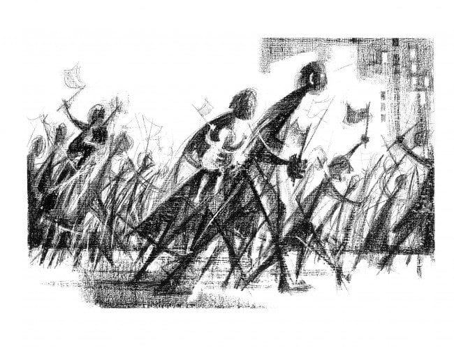 A page from Si Lewen's wordless graphic novel THE PARADE (1957)