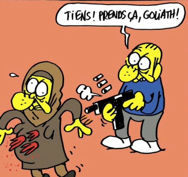 "Take that, Goliath!" From “One Commandment A Day: The Torah Illustrated by Charb,” Charlie Hebdo, 2013 