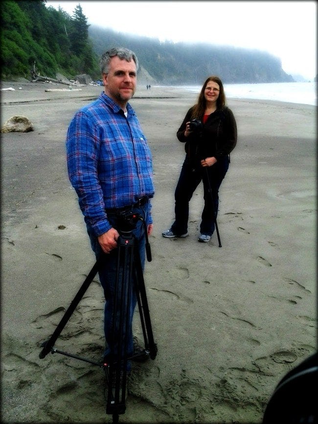 Bezango, WA filmmakers Ron Austin and Louise Amandes at work, capturing cartoonists nesteled deep in the misty rainforests and cloudy beaches of Washington State