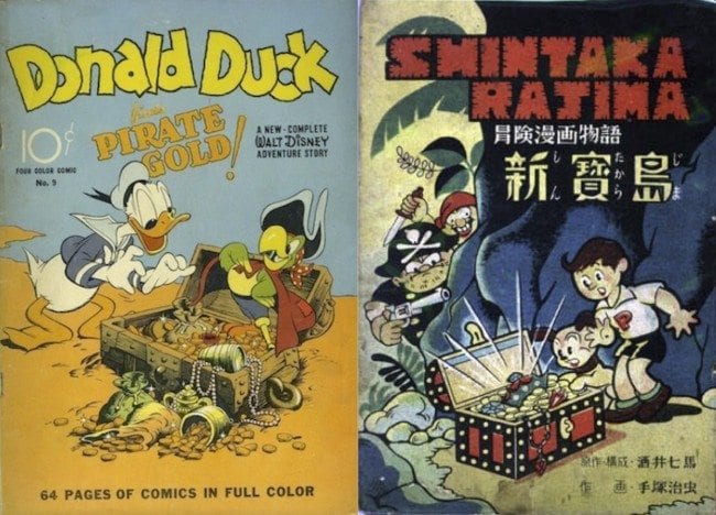 left: Donald Duck Finds Pirate Gold (October 1942), cover; right: New Treasure Island (January 1947), cover.