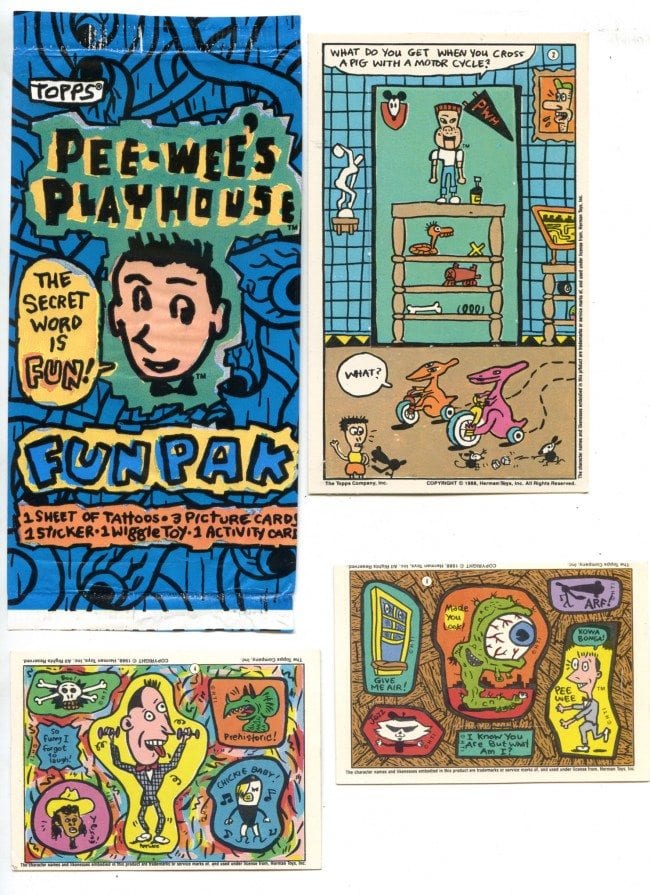 KAZ artwork for the TOPPS produced PEE WEE’S FUNHOUSE FUN PAK products, 1988. Art direction by MARK NEWGARDEN.