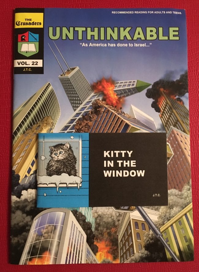 Size comparison between a typical tract ("Kitty in the Window", 2016) and a full-sized comic book ("The Crusaders Vol. 22: Unthinkable", cover art by Fred Carter, 2016).