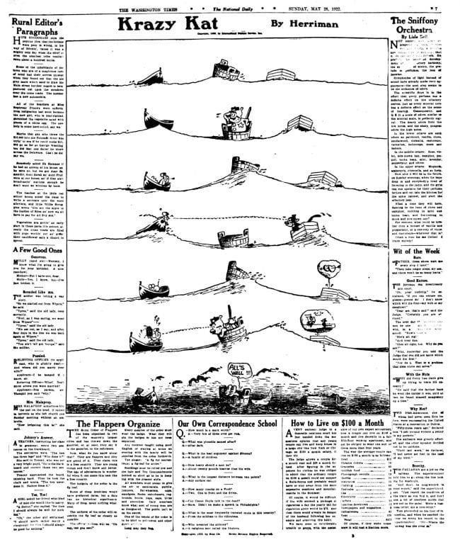 Before 1935, Krazy Kat Sundays were black and white and often ran in the "City Life" section of the newspaper. The above example, featuring one of the classics of the series, is from the City Life section f the Washington Times, May 28, 1922.