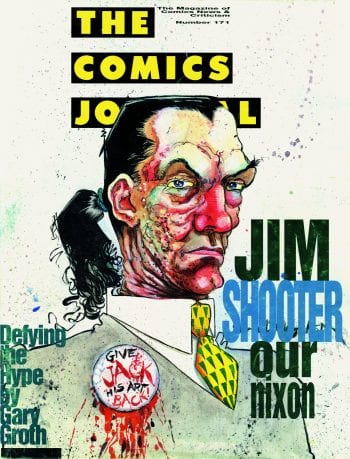 Bill Williingham's inspired, Steadman-esque portrait of industry villain Jim Shooter for The Comics Journal #171.