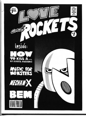The black-and-white cover to the self-published Love and Rockets #1.