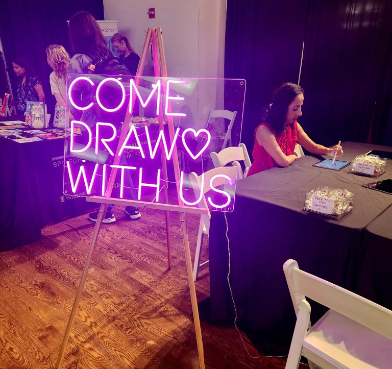 Neon sign that says "Come draw with us"