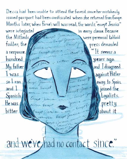 Drawing of Jessica Mitford with "Except Jessica" repeated written across her face