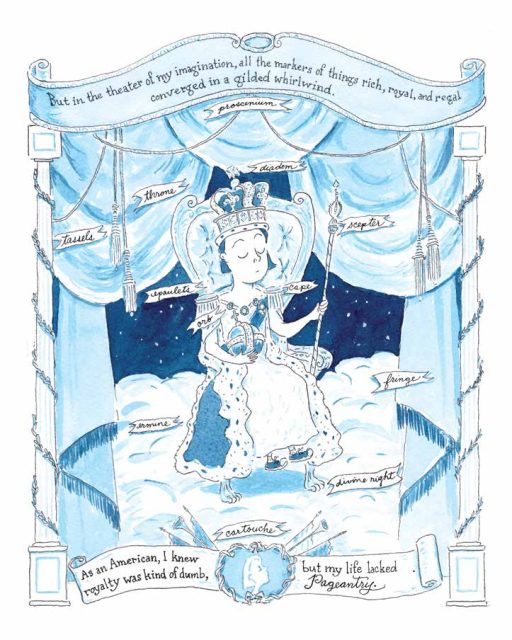 Drawing of young Mimi Pond sitting on a Throne