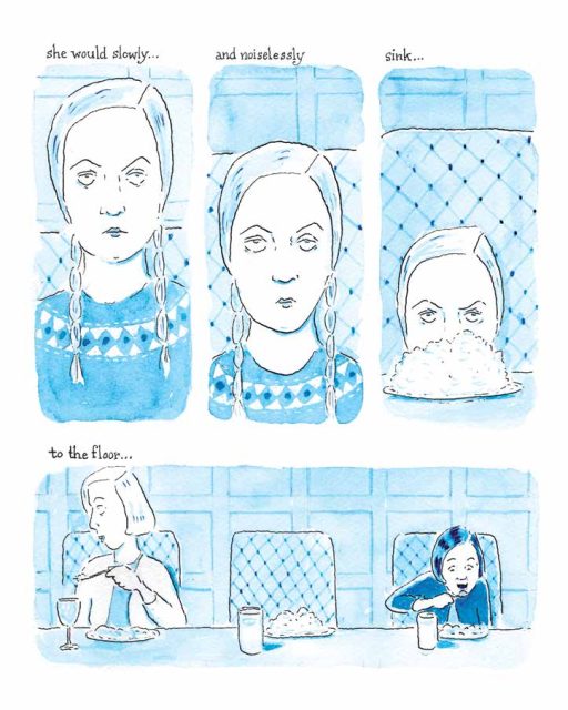 series of drawings of Unity quietly sliding under the dining room table 