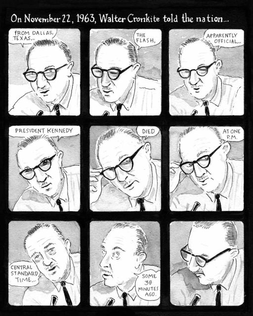 Series of drawing of Walter Cronkite announcing the Kennedy assassination 
