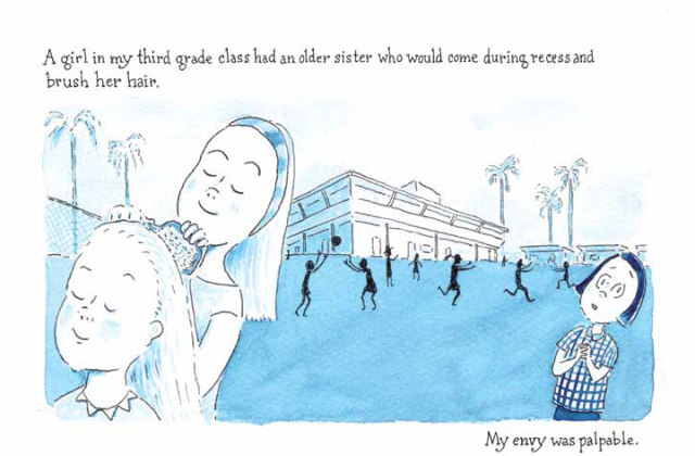 Childhood Mimi watching a girl brush her sister's hair