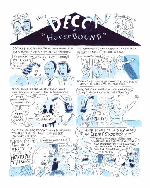 Comic panels portraying Jessica Mitford "fronting" for a Black family