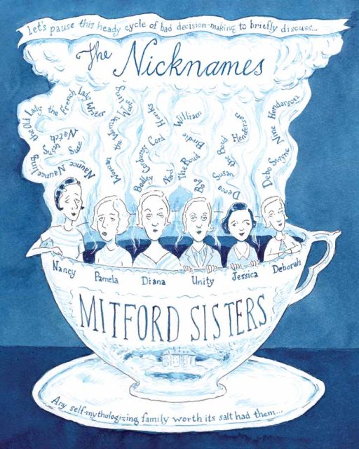 Intricate drawing of the six Mitford sisters sitting in a teacup with all of their nicknames steaming upwards.
