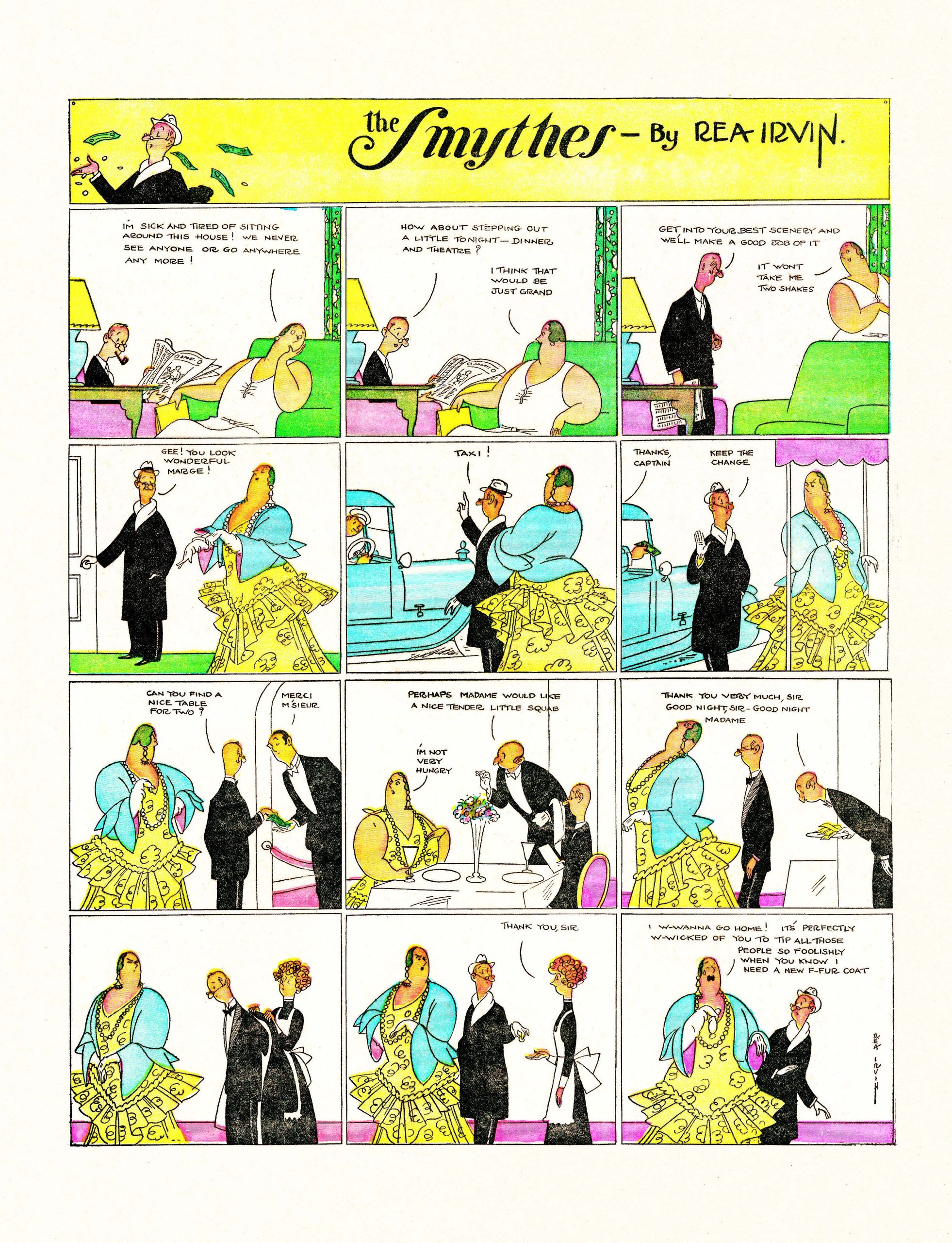 panel series depicting Margie becoming more and more upset as John tips various servers during a night out on the town