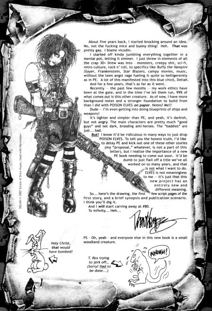 From Poison Elves vol. 2 issue 80, Deliah (or Bug). Plus the "bunny thing." Art and text by Drew Hayes. 