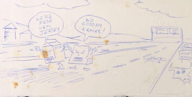 The very first Milk & Cheese napkin drawing. Art by Evan Dorkin.