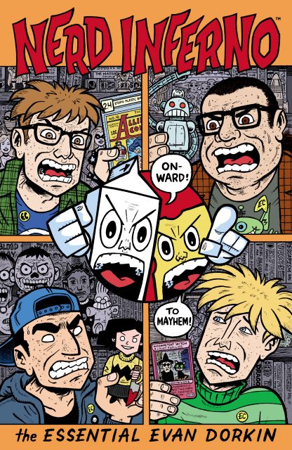 The cover to Nerd Inferno: The Essential Evan Dorkin. Art by Evan Dorkin, color by Sarah Dyer.