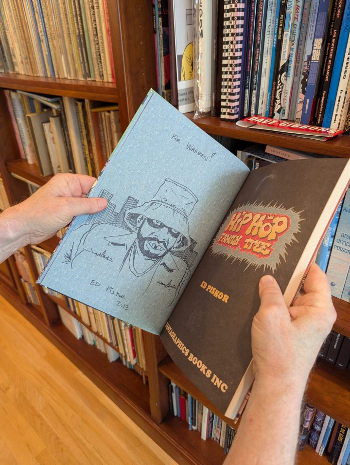 A copy of Hip Hop Family Tree volume 1 with an illustration by Ed Piskor