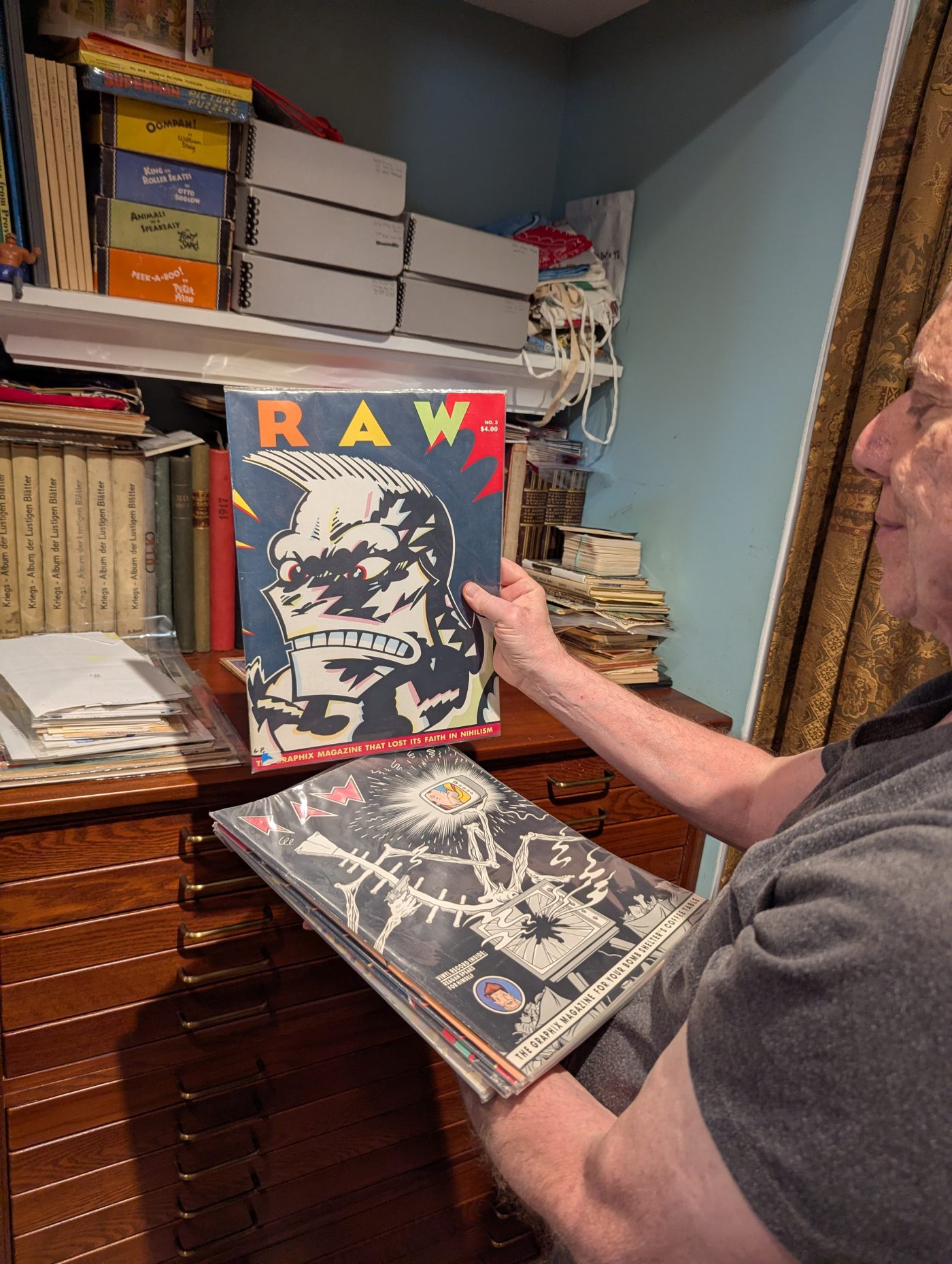 Not only did Warren not miss the RAW years, he has a complete set of the original series. Here we see issue 3, with cover art by Gary Panter.