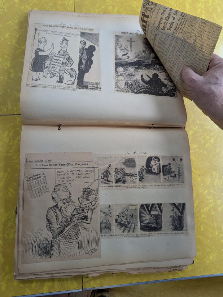 These scrapbooks are loaded with clipped political cartoons from the war years